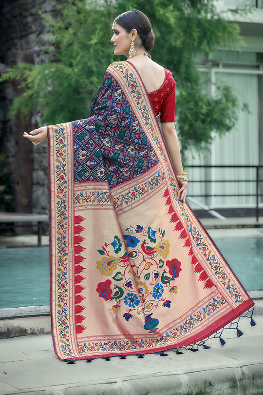 Navy Blue Paithani Patola Silk Saree With Blouse Piece