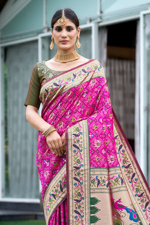 Rani Pink Paithani Patola Silk Saree With Blouse Piece