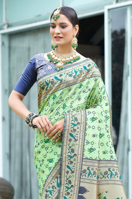 Pista Paithani Patola Silk Saree With Blouse Piece