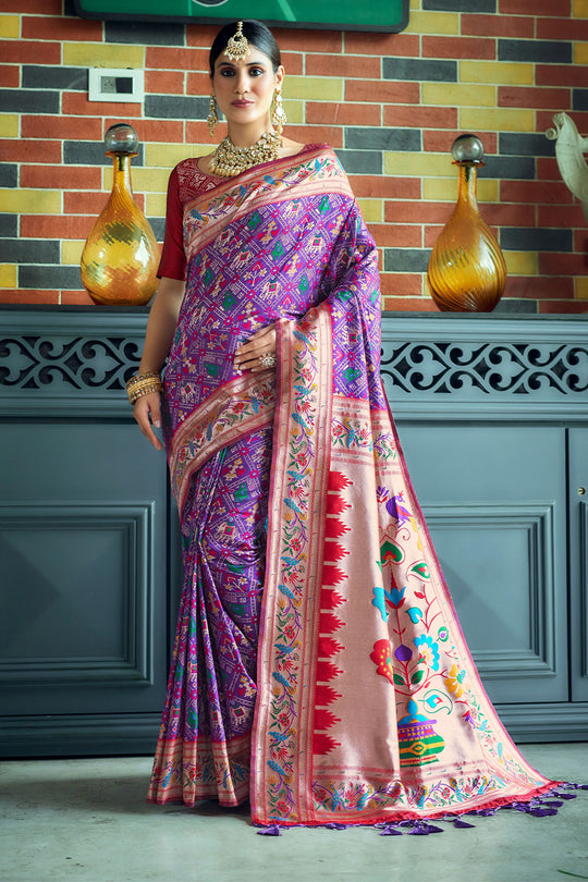 Wine Paithani Patola Silk Saree With Blouse Piece