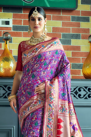 Wine Paithani Patola Silk Saree With Blouse Piece