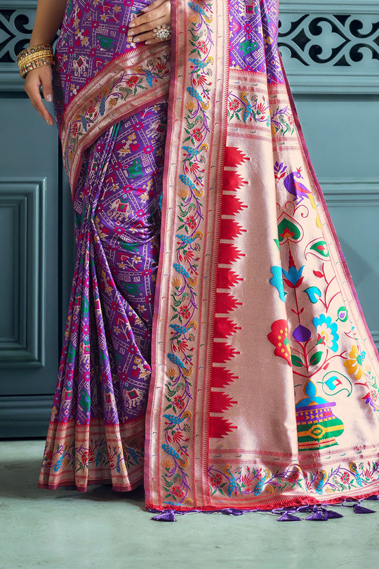 Wine Paithani Patola Silk Saree With Blouse Piece