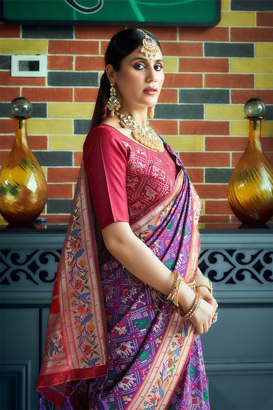 Wine Paithani Patola Silk Saree With Blouse Piece