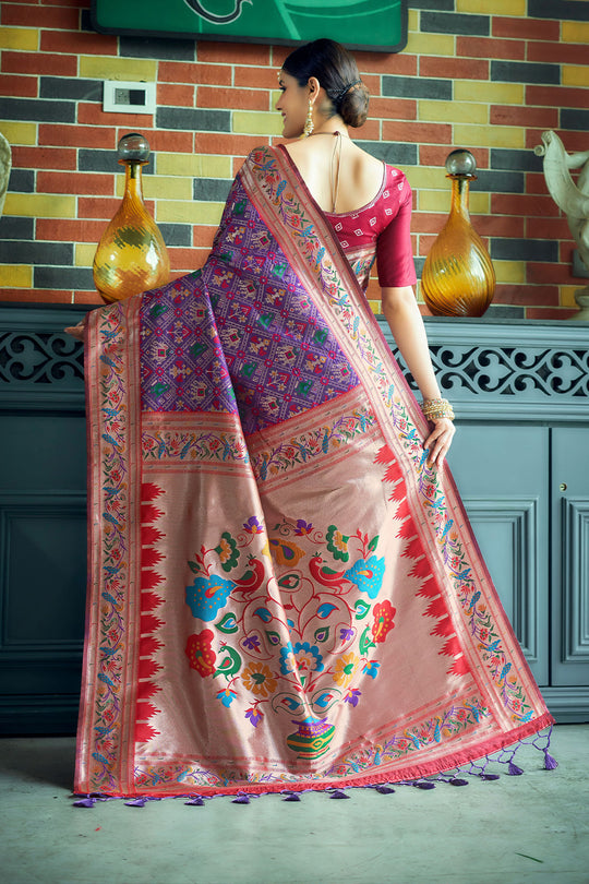 Wine Paithani Patola Silk Saree With Blouse Piece
