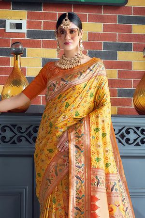 Yellow Paithani Patola Silk Saree With Blouse Piece