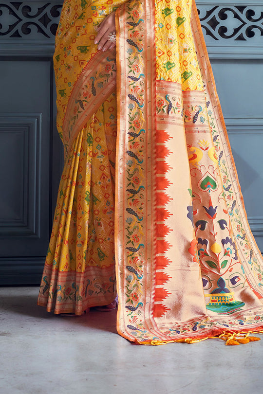 Yellow Paithani Patola Silk Saree With Blouse Piece