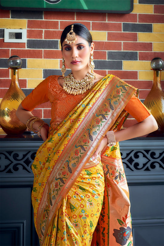 Yellow Paithani Patola Silk Saree With Blouse Piece