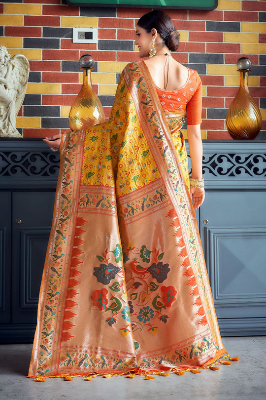 Yellow Paithani Patola Silk Saree With Blouse Piece