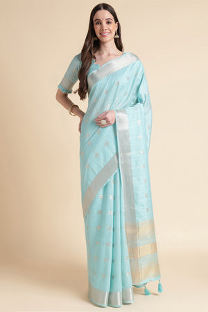 Blue Organza Silk Saree With Blouse Piece