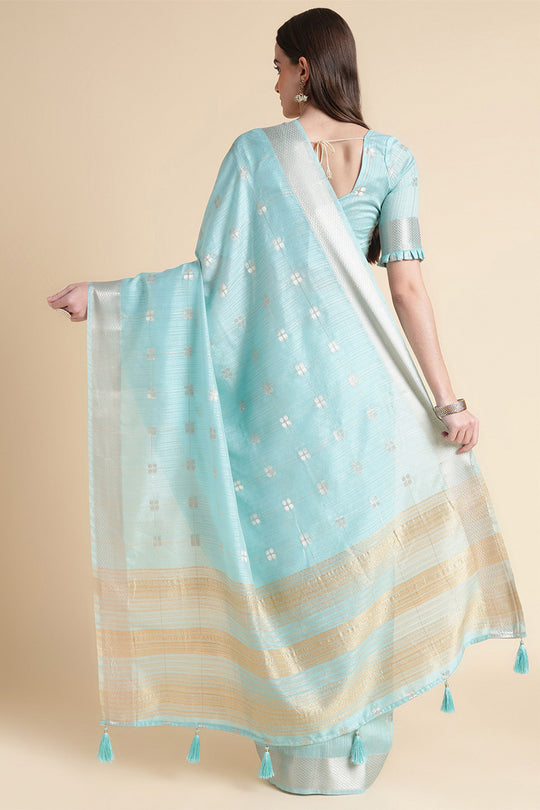 Blue Organza Silk Saree With Blouse Piece