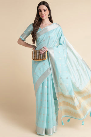 Blue Organza Silk Saree With Blouse Piece