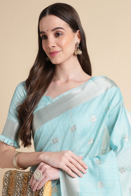 Blue Organza Silk Saree With Blouse Piece