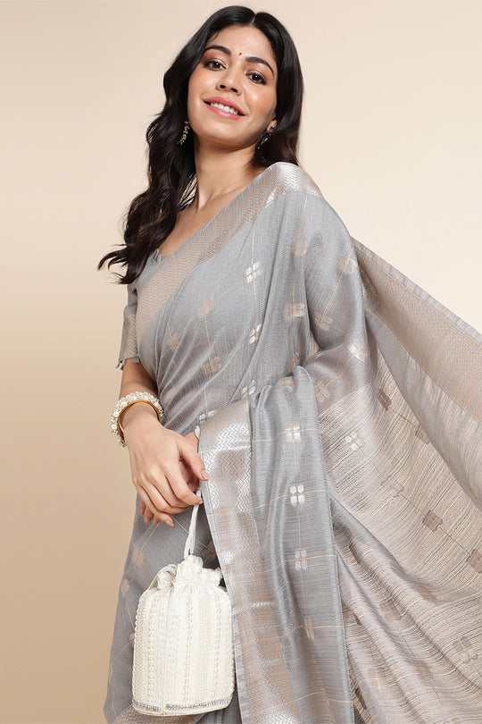 Grey Organza Silk Saree With Blouse Piece