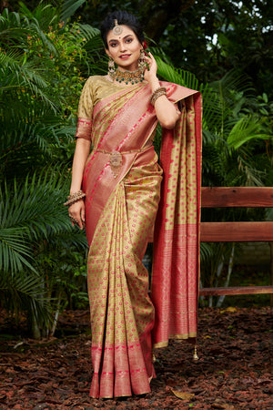 Beige And Pink Kanjivaram Saree