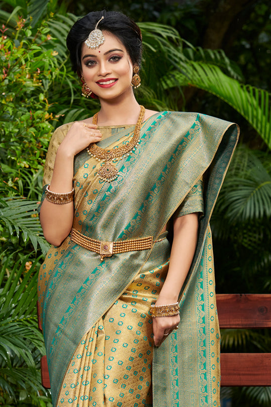 Beige And Green Kanjivaram Saree