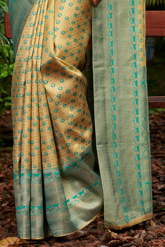 Beige And Green Kanjivaram Saree