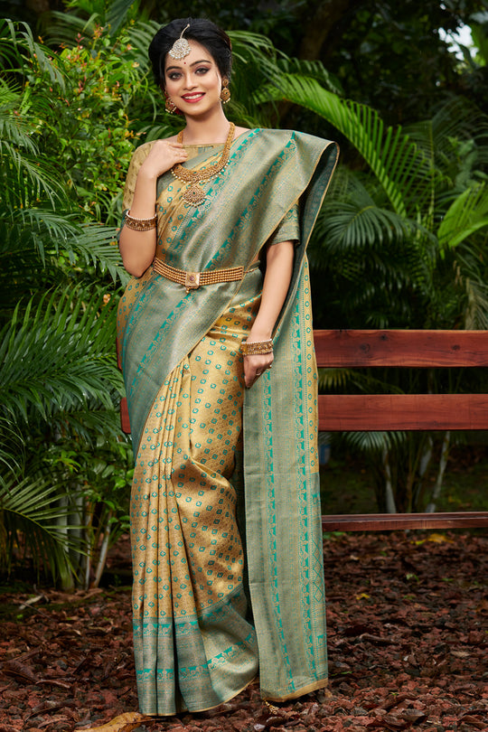 Beige And Green Kanjivaram Saree