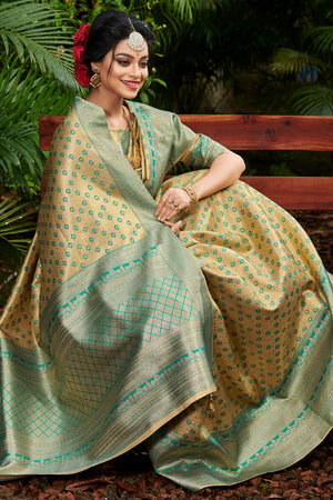 Beige And Green Kanjivaram Saree