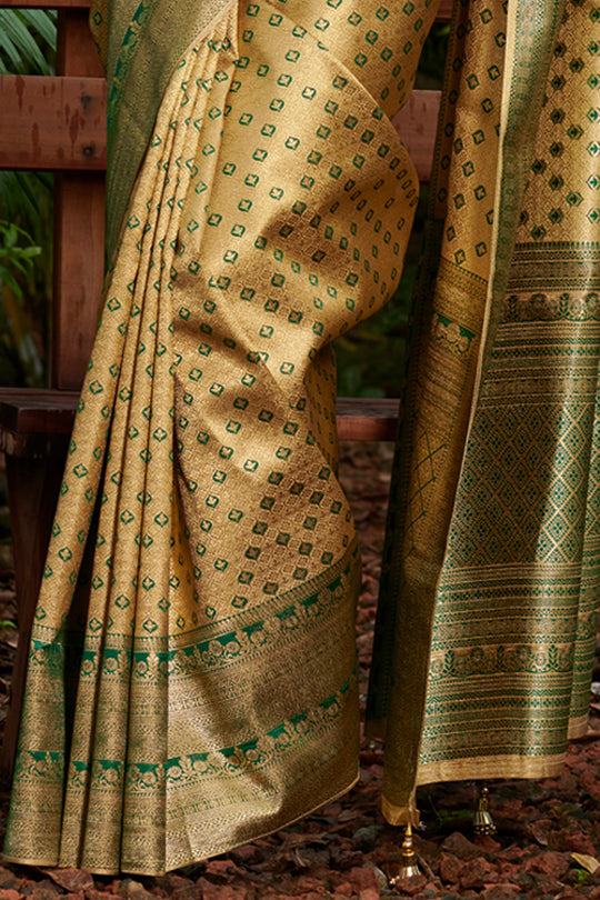 Beige And Green Kanjivaram Saree