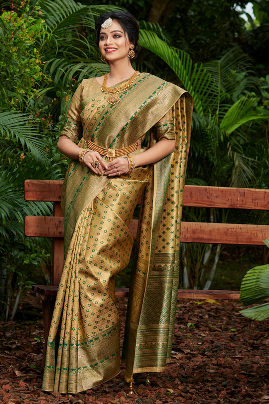 Beige And Green Kanjivaram Saree