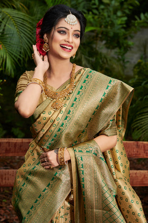 Beige And Green Kanjivaram Saree