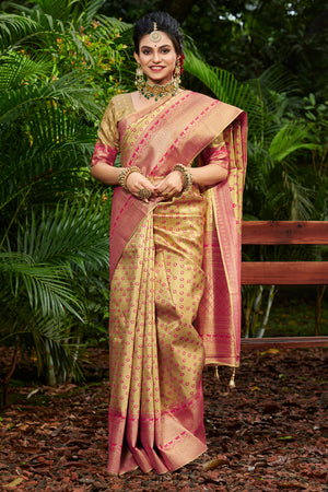 Beige And Pink Kanjivaram Saree