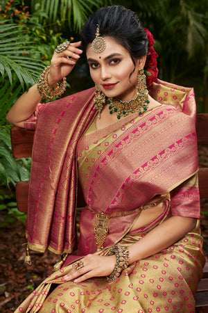 Beige And Pink Kanjivaram Saree