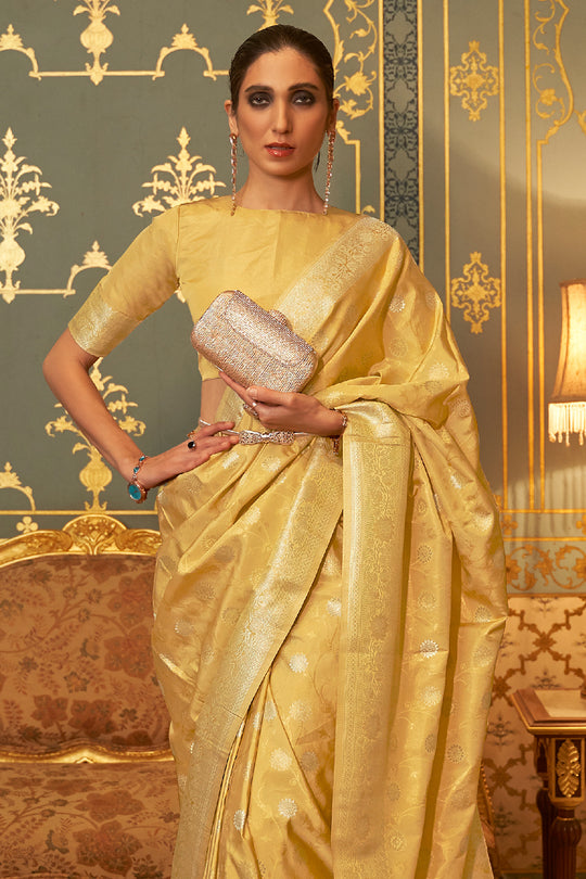 Lemon Yellow Satin Saree