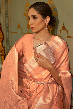 Salmon Peach Satin Saree