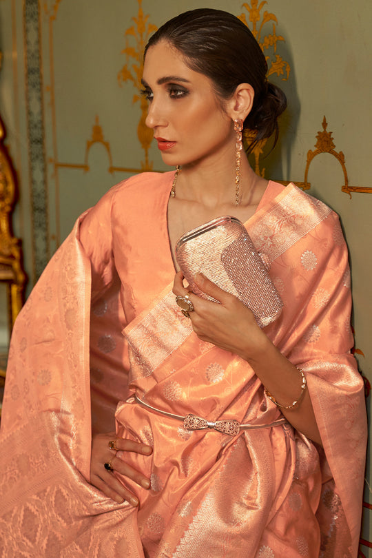 Salmon Peach Satin Saree