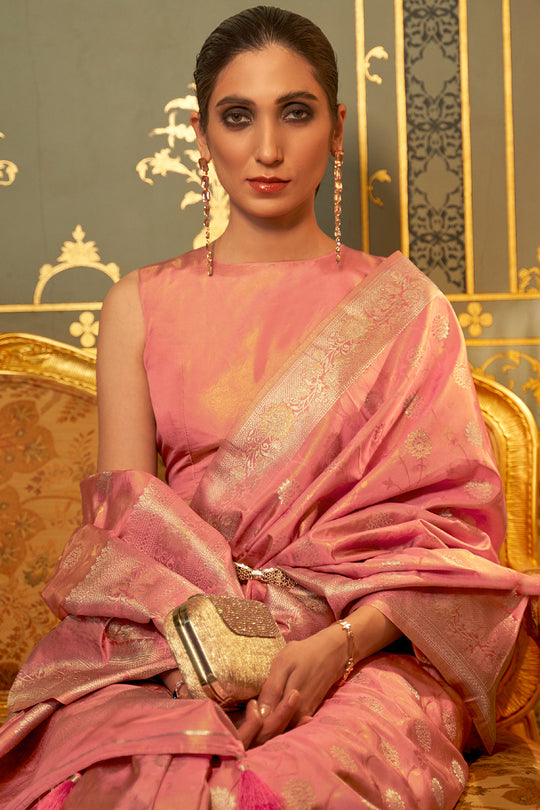 Flamingo Pink Satin Saree
