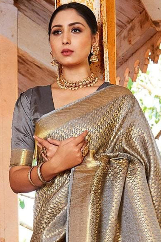 Dove Grey Zari Woven Kanjivaram Saree