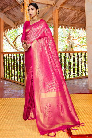 Womens Kanjivaram Silk Pink Saree With Blouse Piece