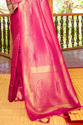 Womens Kanjivaram Silk Pink Saree With Blouse Piece