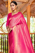 Womens Kanjivaram Silk Pink Saree With Blouse Piece