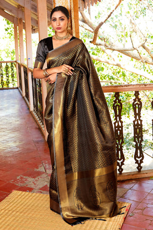 Womens Kanjivaram Silk Black Saree With Blouse Piece