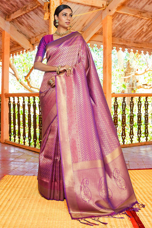 Womens Kanjivaram Silk Purple Saree With Blouse Piece
