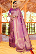 Womens Kanjivaram Silk Purple Saree With Blouse Piece