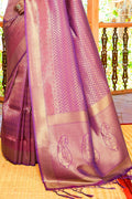 Womens Kanjivaram Silk Purple Saree With Blouse Piece