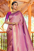 Womens Kanjivaram Silk Purple Saree With Blouse Piece