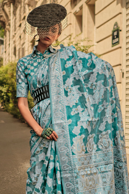 Bottle Green Chickankari Organza Saree