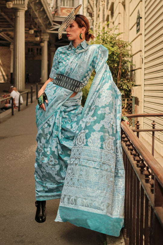 Bottle Green Chickankari Organza Saree