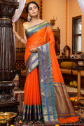 Womens Cotton Orange Saree With Blouse Piece