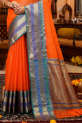Womens Cotton Orange Saree With Blouse Piece