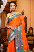 Womens Cotton Orange Saree With Blouse Piece