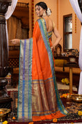 Womens Cotton Orange Saree With Blouse Piece
