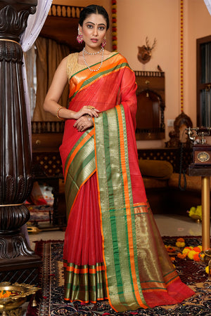 Womens Cotton Red Saree With Blouse Piece