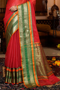 Womens Cotton Red Saree With Blouse Piece