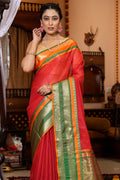 Womens Cotton Red Saree With Blouse Piece