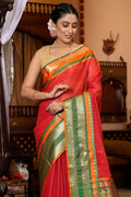 Womens Cotton Red Saree With Blouse Piece